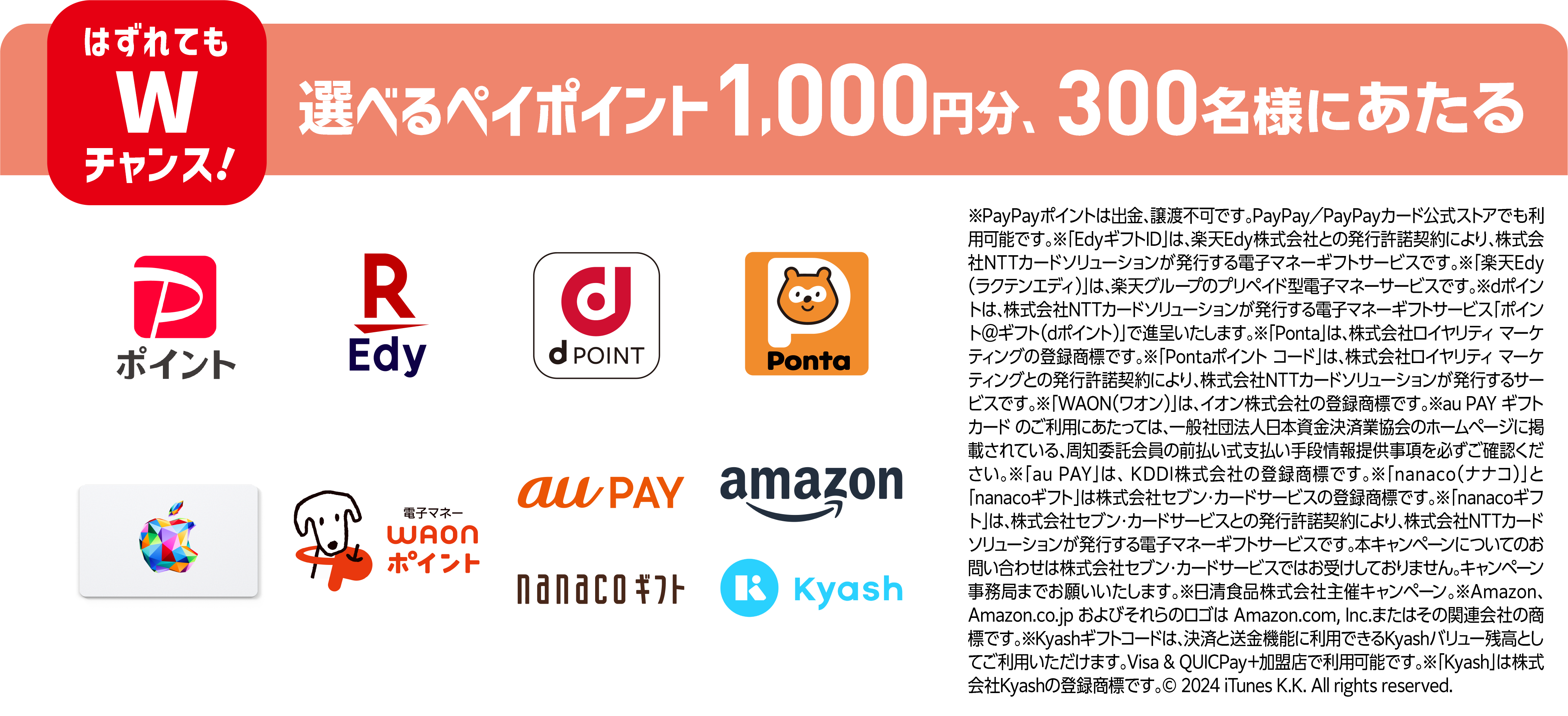 はずれてもWチャンス! 選べるペイポイント1,000円分、300名様にあたる